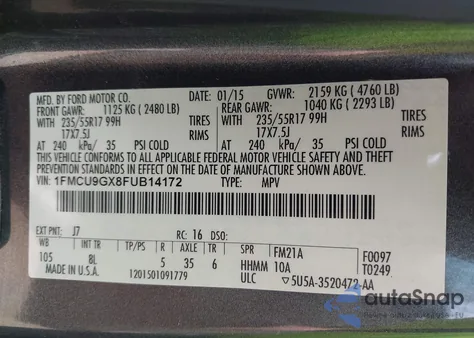 2015 Ford Escape Se z USA, uszkodzony, nr VIN 1FMCU9GX8FUB14172